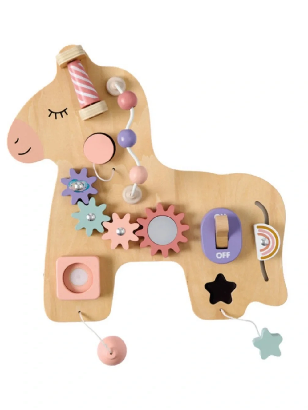 Wooden Unicorn Busy Board Sensory Toy - Tan & Pastel from Aldi Little Town